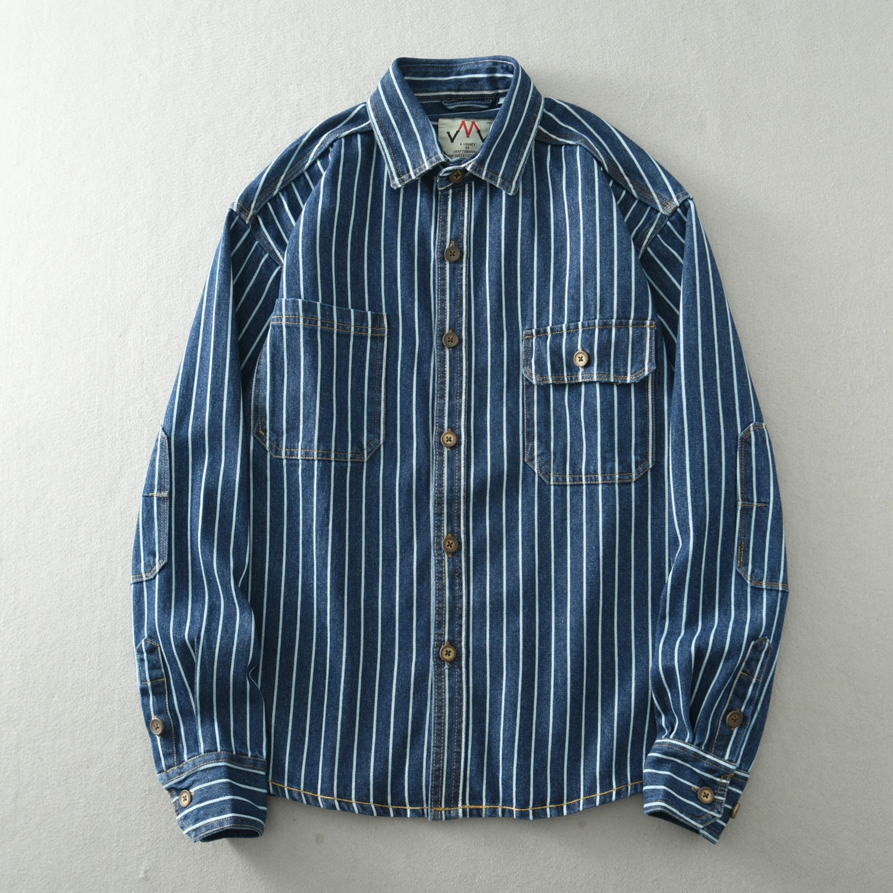 Heavy vintage washed vertical stripe denim shirt men's loose size cotton long sleeve shirt jacket