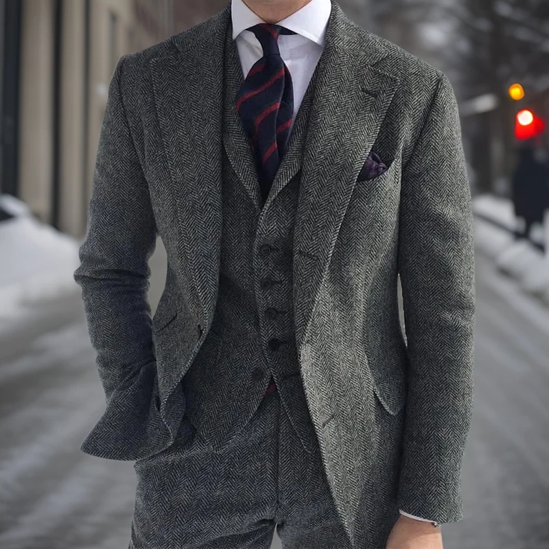 Mens suit gray wool tweed suits for men winter wedding formal groom tuxedo 3 Pcs herringbone male fashion set (jacket vest pants)