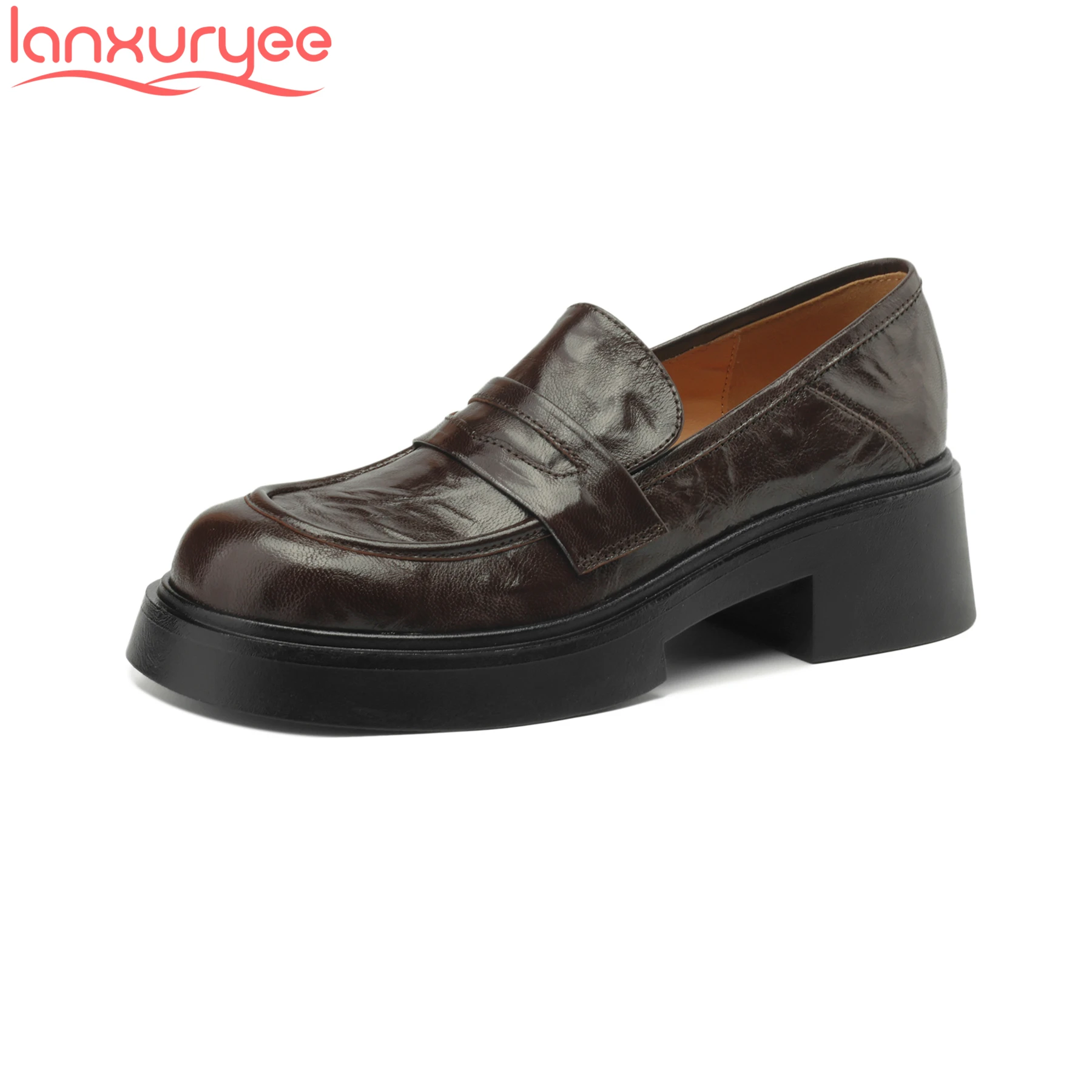 

Lanxuryee 2024 Sheep Leather Chunky High Heels Platform Casual Shoes Slip On Preppy Style Loafers Vintage Concise Women Pumps