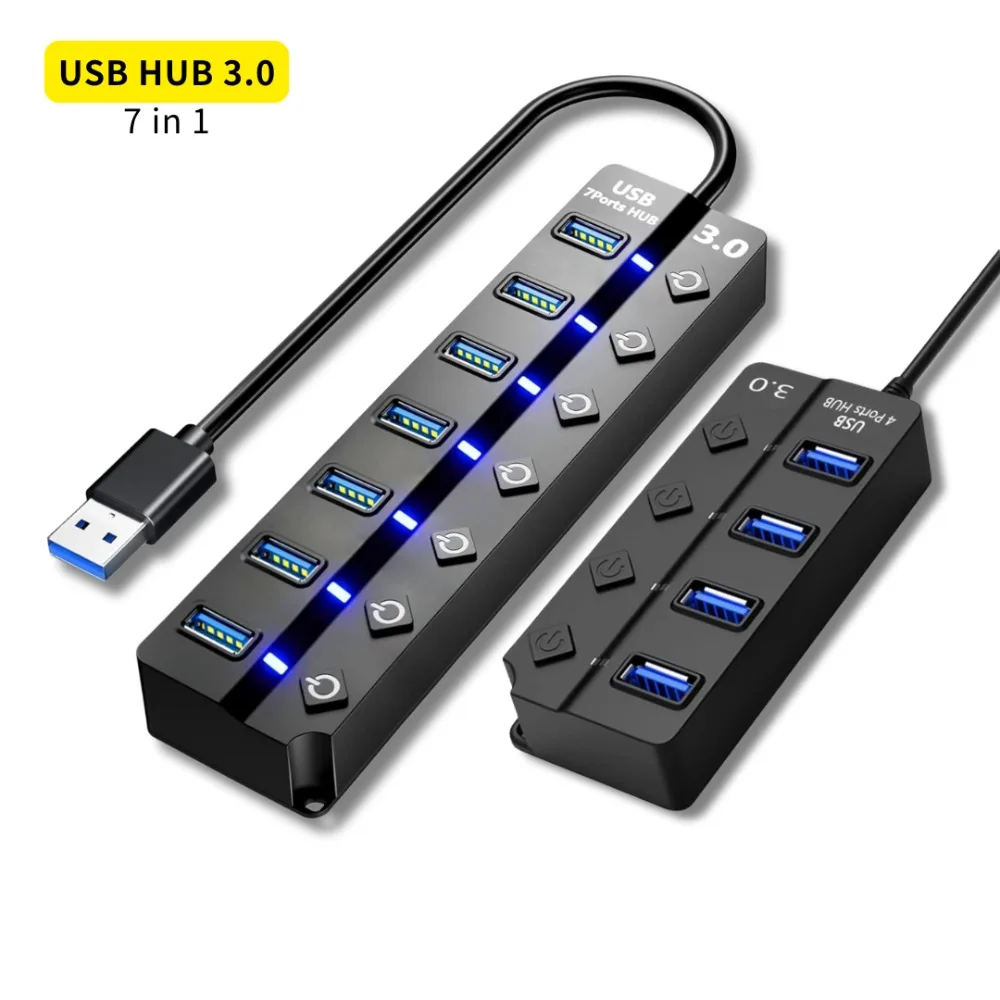 Computer Plug In Hub 7-Port USB 3.0 Hub with Individual Switches, 5Gbps Data Transfer, 3ft ...