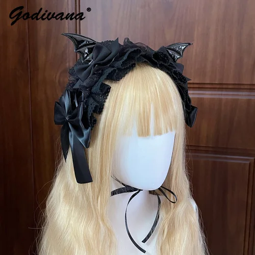 Gothic Style Lolita Headdress Dark Wings Hair Band Bow Cosplay Halloween Sweet Kawaii Clothing Accessories Headwear for Women women gothic lolita birdcage 5 hoop petticoat underskirt medieval victorian circle fishbone crinoline pannier