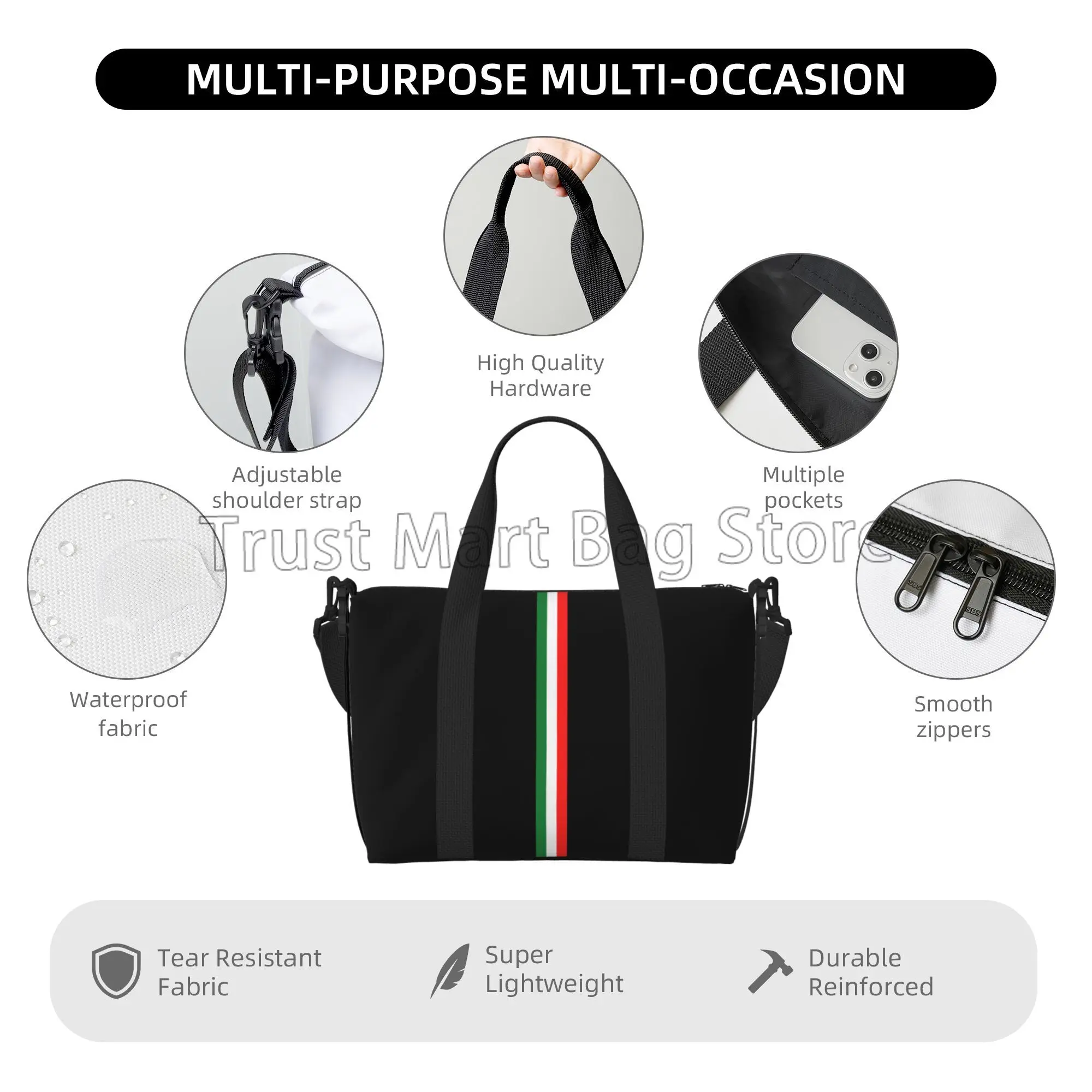 Italian Flag Print Duffle Bag for Travel Unisex Handbag Shoulder Bag for Sports Gym Yoga Waterproof Weekender Overnight Bags