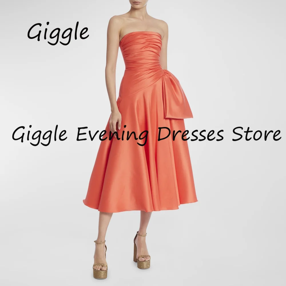

Giggle Satin A-line Strapless Ruffle Formal Elegant Prom Gown Tea Length luxury Evening Party Dresses for Women 2023