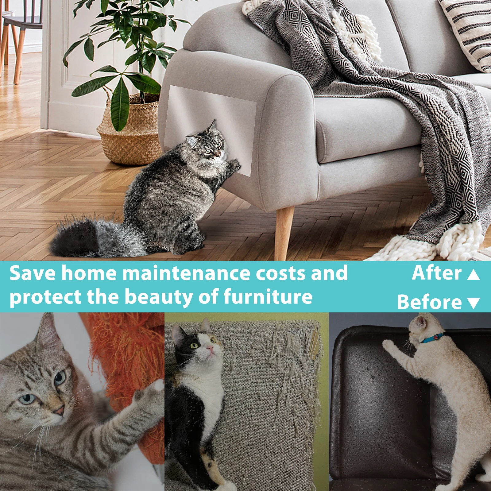 Anti cat scratch furniture protector 45x500cm self-adhesive peelable cat training protectors PVC transparent tape for couch sofa