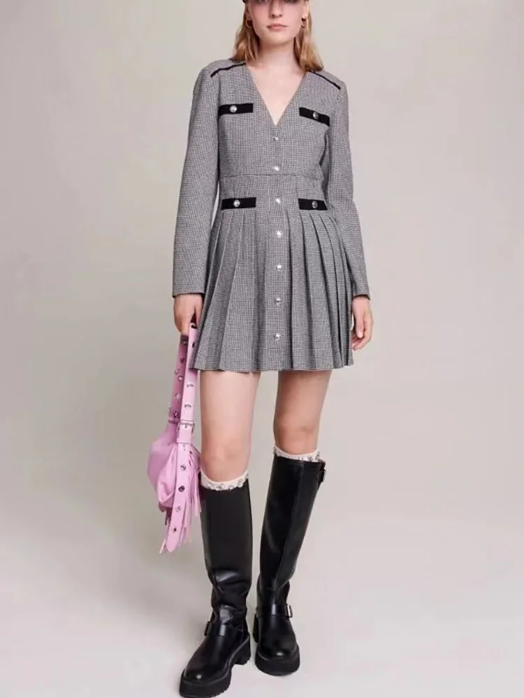 

Женское плиссированное платье y2k, длинное облегающее платье с V-образным вырезом и длинным рукавом, весна-лето 2023