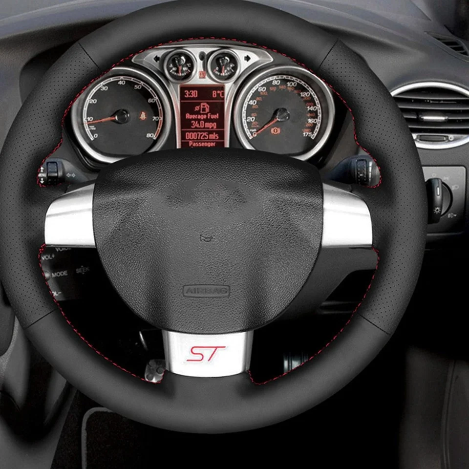 Auto-Lenkradbezug für Ford Focus ST 2005 2006 2007–2012, Focus RS 2009 2010–2011, DIY Handnähen, schwarzes Kunstleder – Detail 1