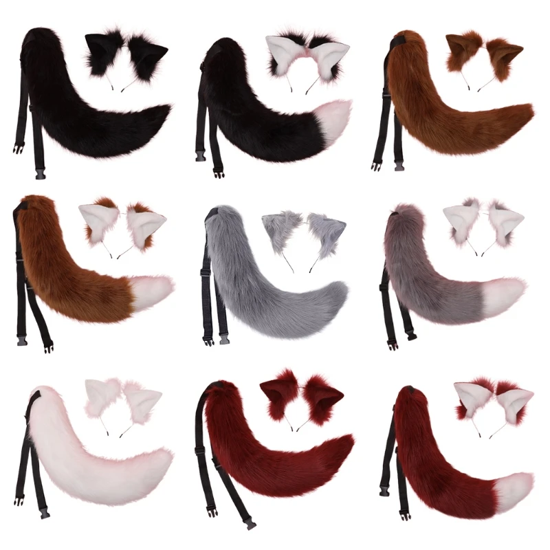 

449B Girls Animal Wolf Cat Ears Tail Set Plush Hair Hoop Lolita Lovely Party Headdress Anime Cosplay Party Kawaii Accessories