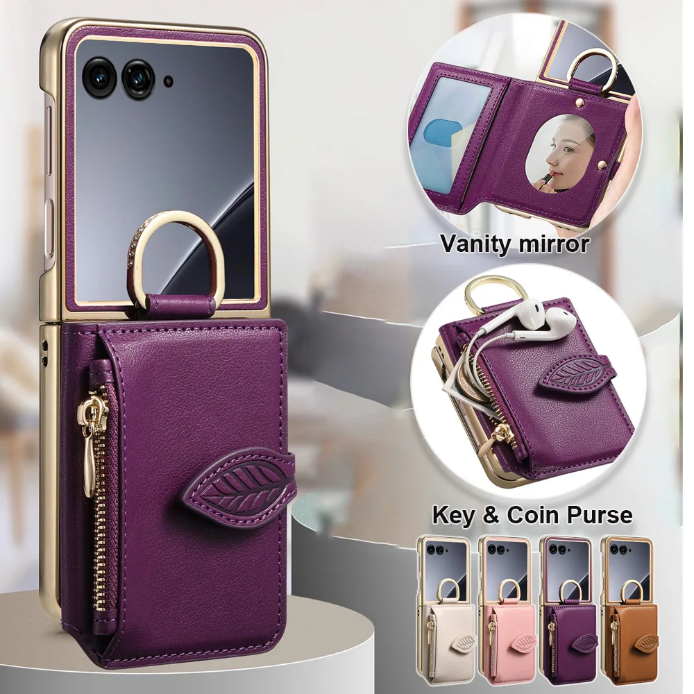 Luxury Card Pocket Wallet Mirror Stand Leather Case with Ring Holder
