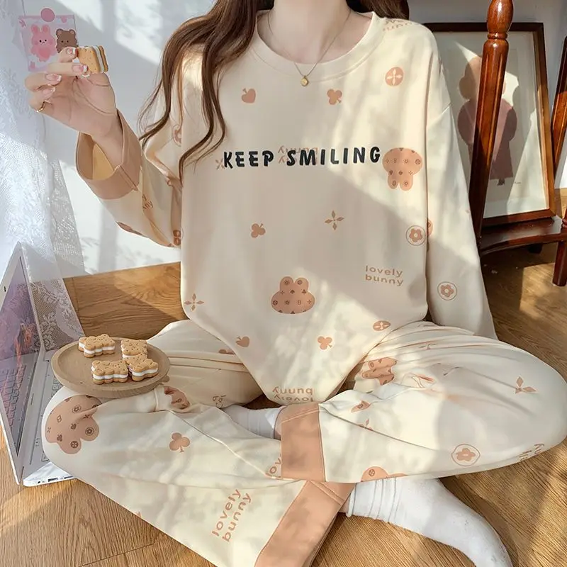 Cotton High-End Pajamas Spring Autumn Long Sleeve Round Neck Cartoon Student Home Wear Suit Women Sweet Cute Loose Sleepwear Set spring autumn pajamas for women pure cotton gauze long sleeve trousers ladies sleepwear set simple summer loose comfy home wear