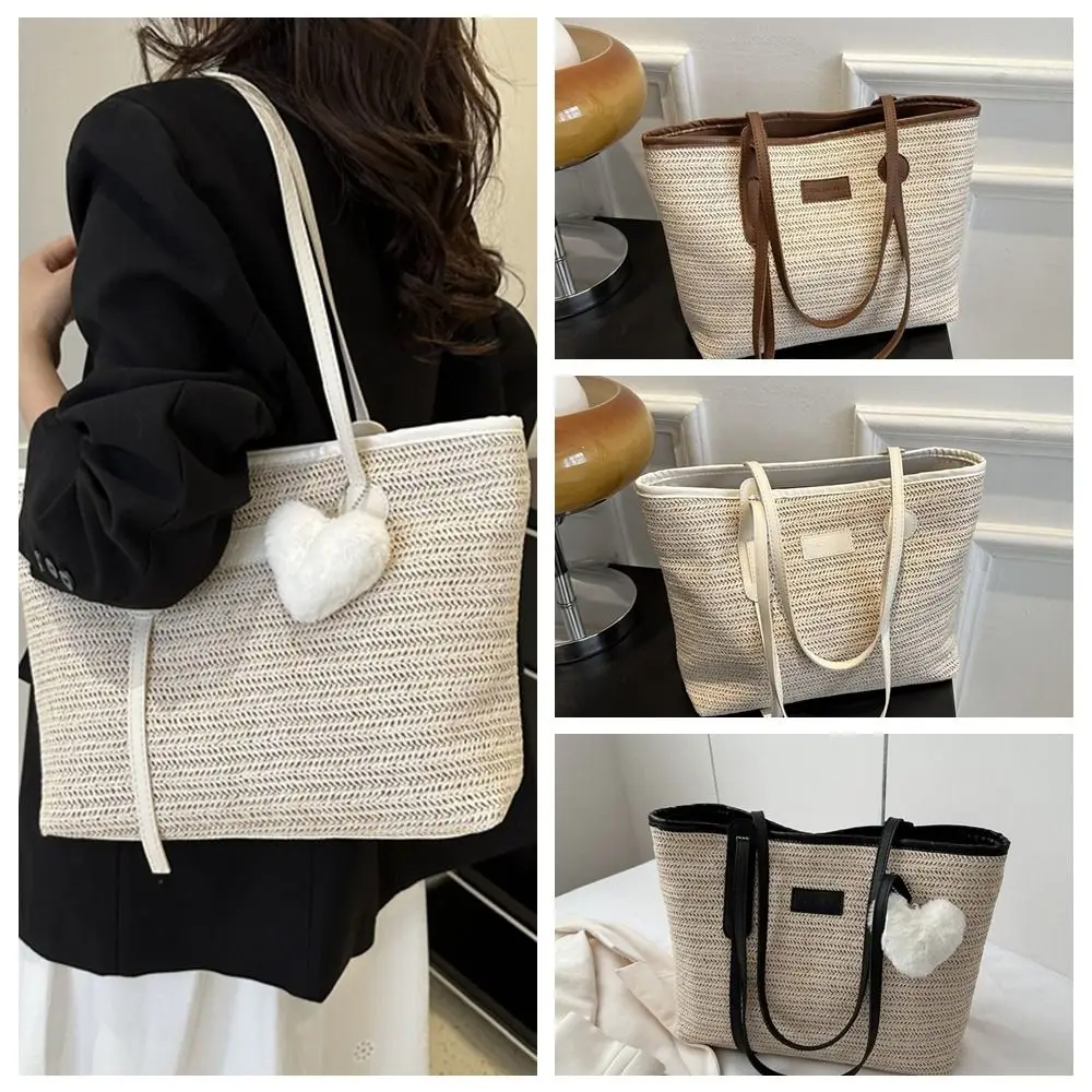 

Large Capacity Straw Woven Tote Bag Fashion Zipper Pu Leather Bohemian Style Crossbody Bag Summer