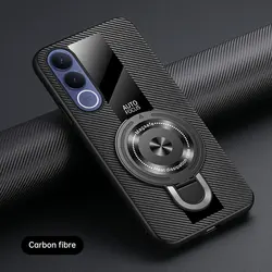 Luxury Silicone Leather Magnetic Ring Holder Back Cover Case for Vivo V70 FE (Carbon Fiber Patten)