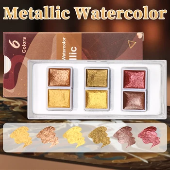 Pigmento solido glitter acquerello metallizzato a 6 colori, colori iridescenti stellati flash dorati con flash professionale per adulti, artisti 1