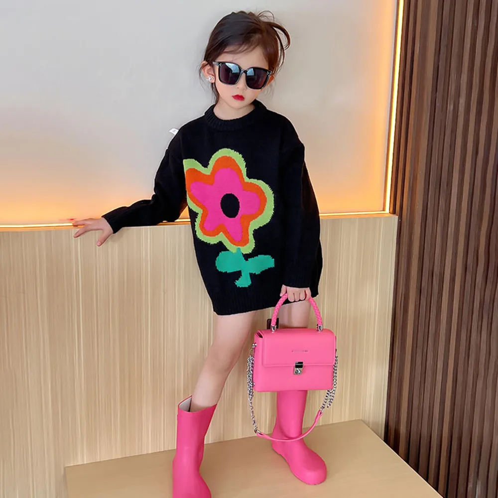 

2023 New Spring Autumn Girls Sweater Baby Knitwear Kids Knitted Tops Children Pullover Clothes Big Floral Jacquard Rib Knit 4-13