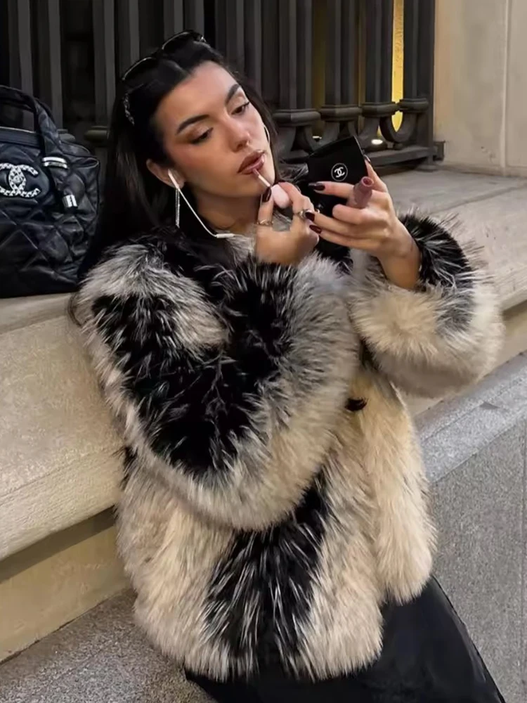 Chic Street Faux Fur Jacket Women Short Coat Elegant Fluffy Loose Warm Long Sleeve Female Outwear 2025 Autumn Winter Lady Jacket