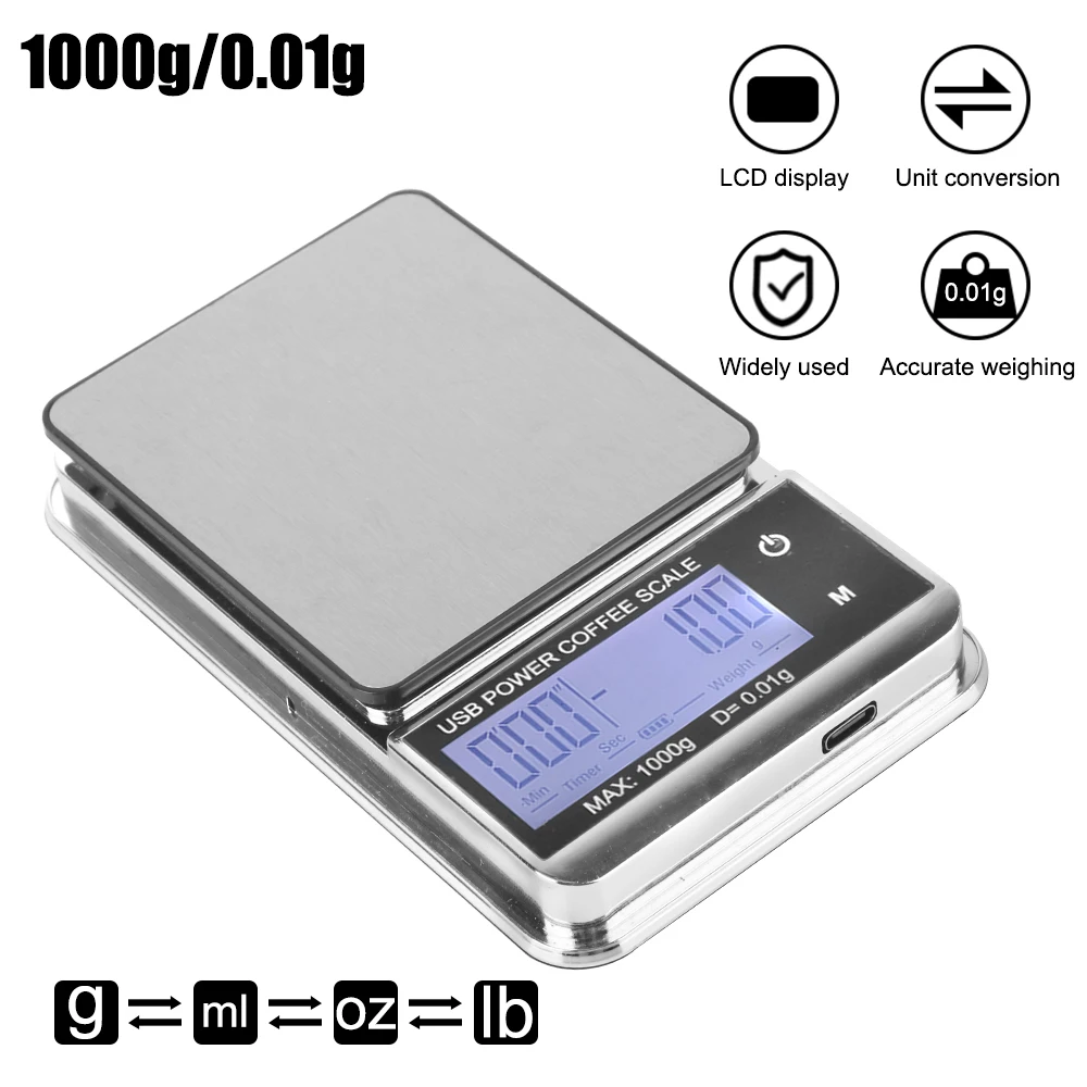 Mini Pocket Scale 1000g/0.01g Auto Timer Digital Kitchen Coffee Scale Electronic Scale High Precision Cyclic Rechargeable