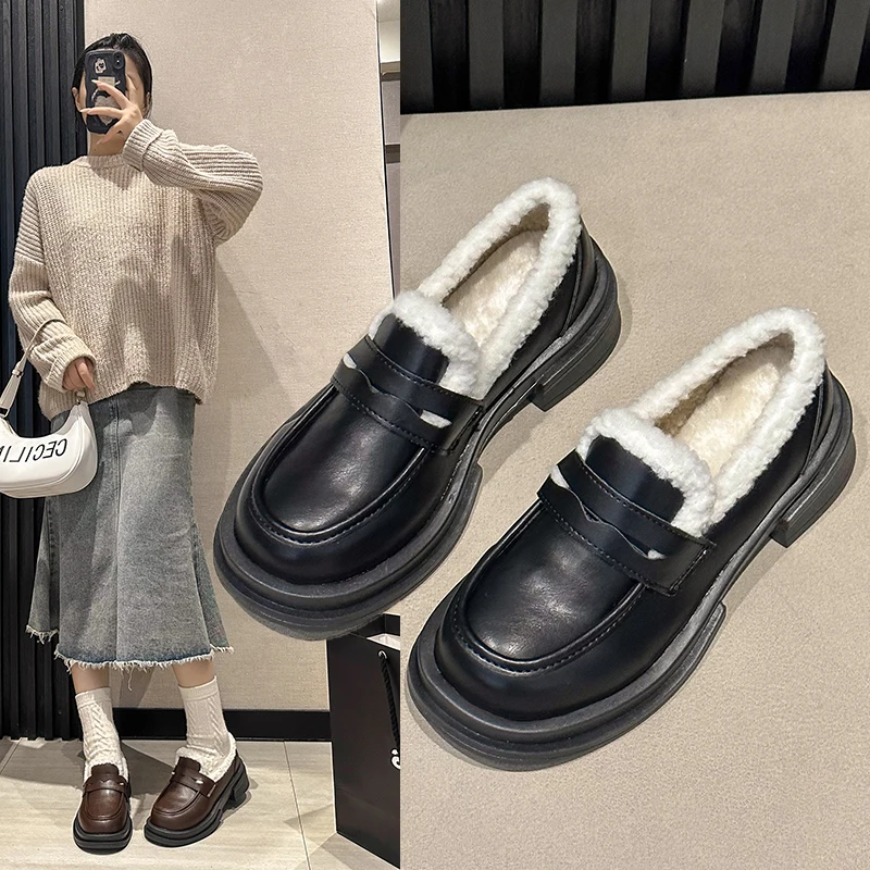 

Womens Derby Shoes Shallow Mouth Casual Female Sneakers Round Toe Loafers Fur Flats Autumn Leather New Dress Winter Fall