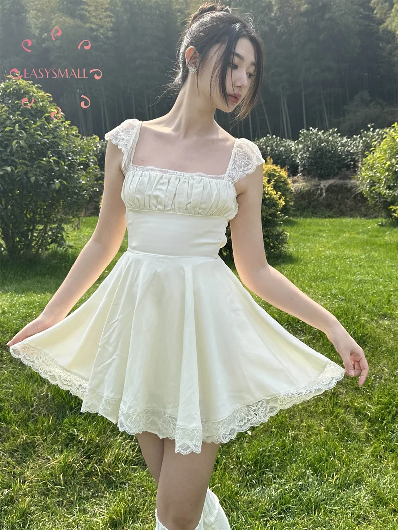 

Easysmall House Dress Lace Spliced Waist Wrapped Dress Umbrella Skirt Princess Vestido Bandage Sexy Club Party Backless Skirt