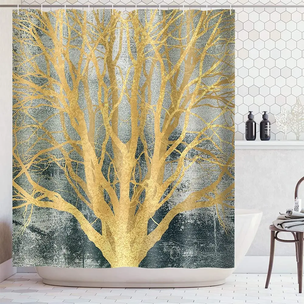 

Golden Tree of Life Shower Curtain Mysterious Fantasy Forest Waterproof Fabric Shower Curtains Set with Hooks for Bathroom Decor