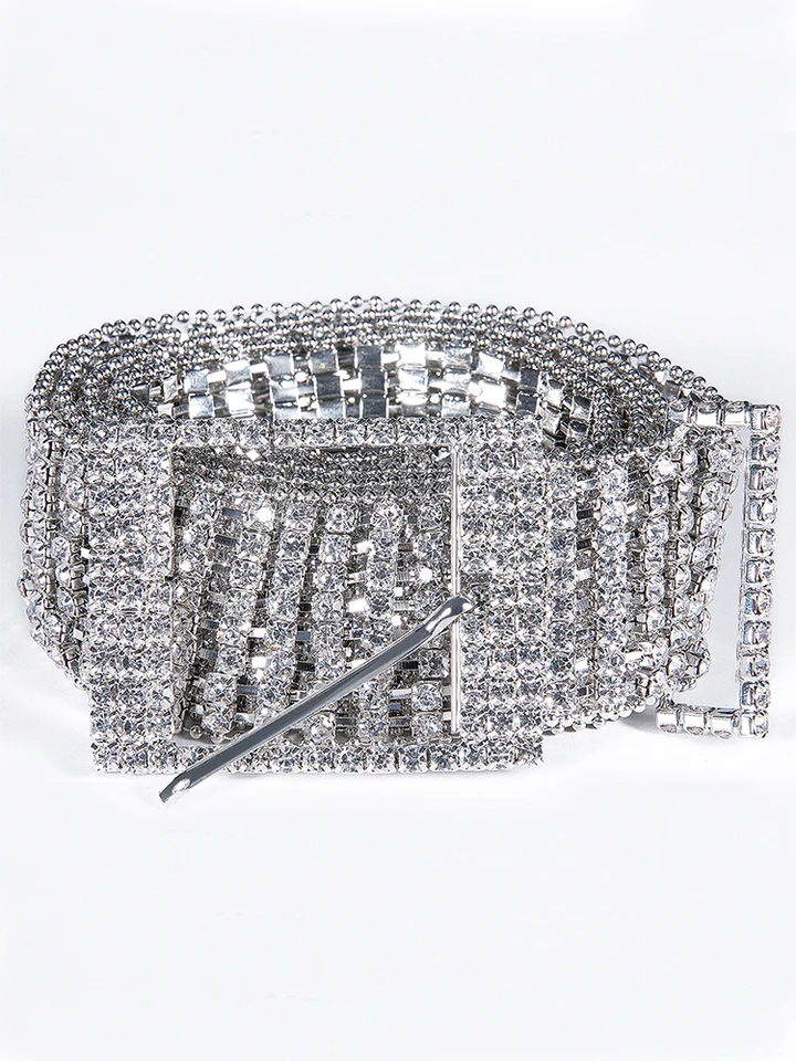 Cintura Donna Con Strass E Fibbia A Cuore – Argento Larga Glitterata Per Abiti Da Sera E Cerimonie (Taglia L)