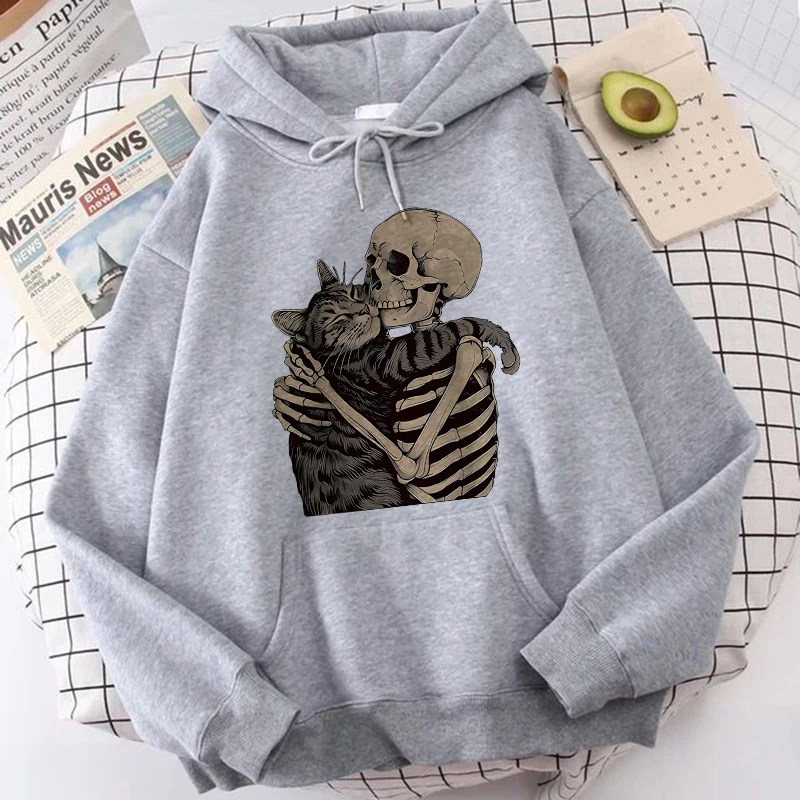 Halloween Skull and Cat Print Kangaroo Pocket Hoodies Fall Winter Long Sleeve Sweatshirt Unisex Funny Vintage Hooded 90s Clothes