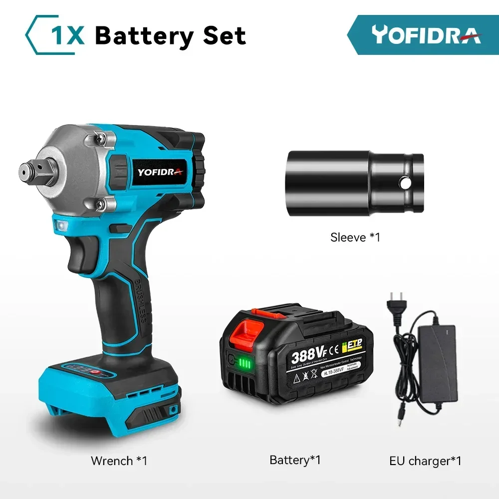 thumbnail image 1 of Yofidra 1000N.m 20V Llave de impacto eléctrica sin escobillas Llave de vaso inalámbrica Batería de iones de litio de 1/2 pulgada para batería Makita de 18 V, 1 of 5