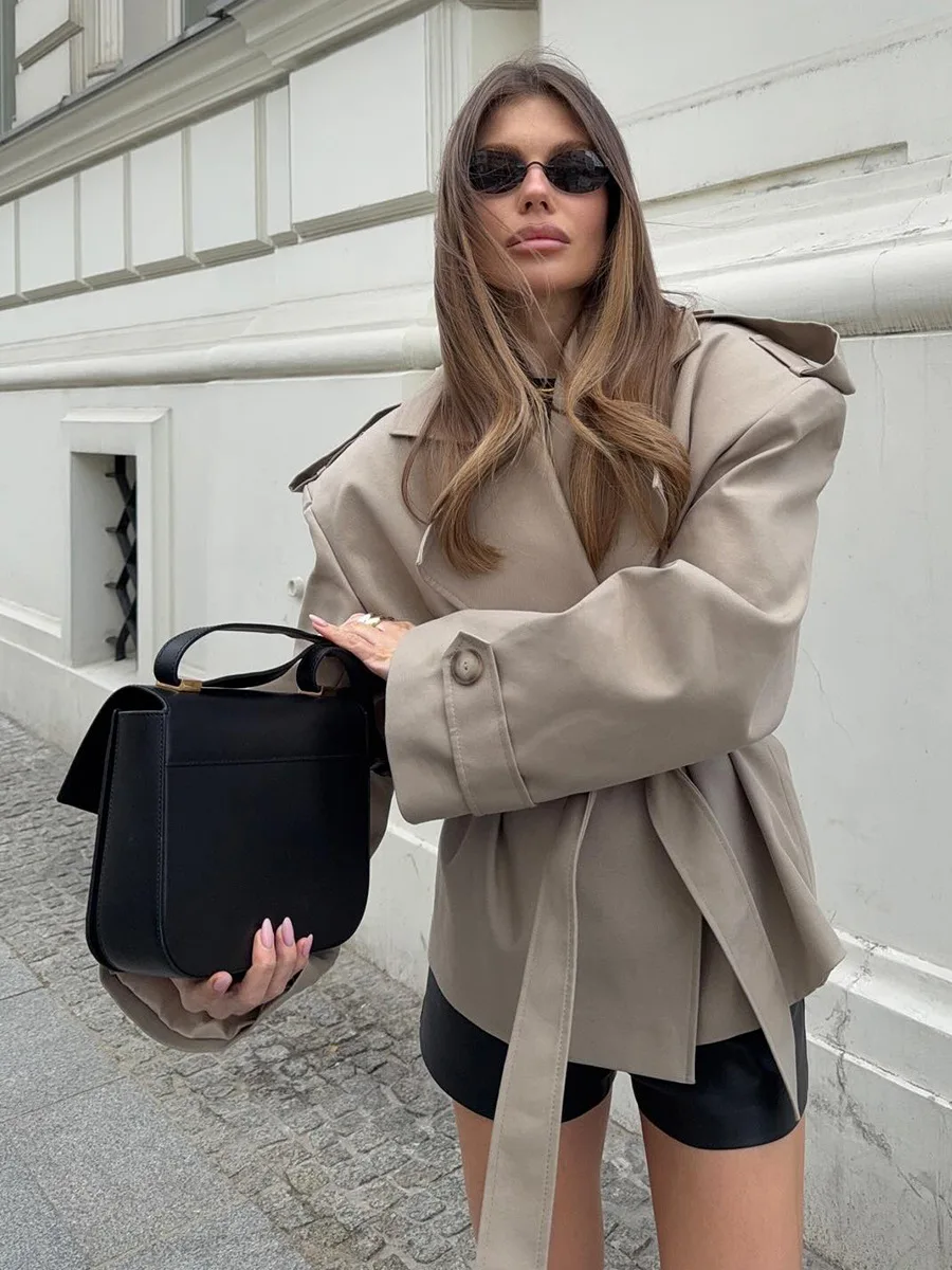 Bornladies Women's New Autumn Fashion Khaki Trench Long Sleeve Belted Temperament Lapel Jackets Waist Cinching Trench Coat