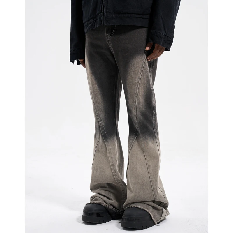 

High Street Designer Wear Style Washed Old Gradient Slim Fit Wide Leg Horn Mop Rough Fashion Brand Jeans
