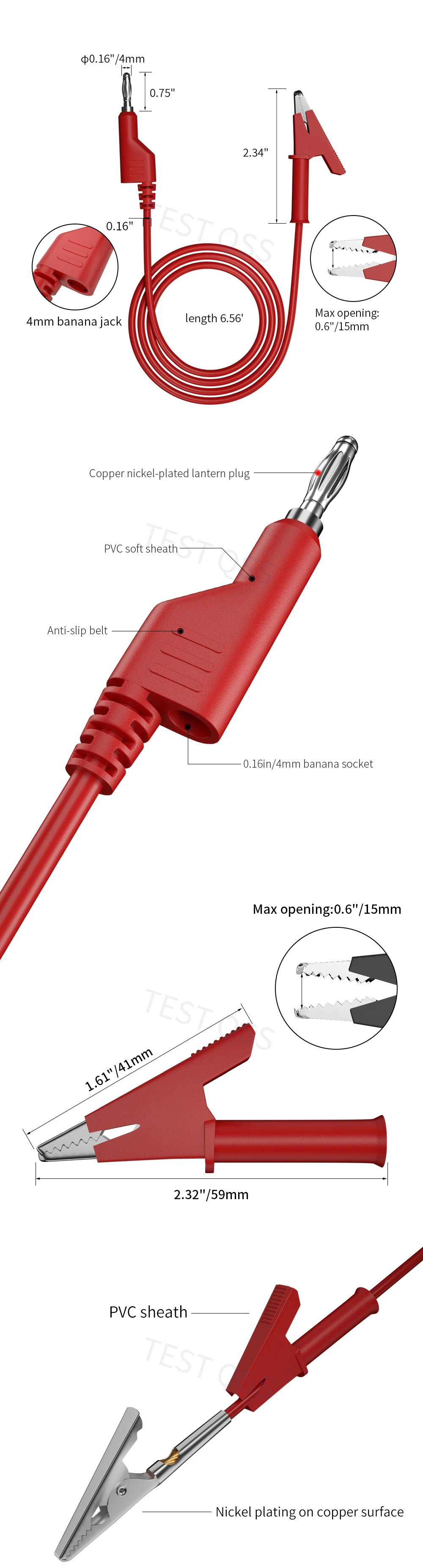 QSS 2 Stück 100 cm Multimeter-Messleitungen, 4 mm Bananenstecker auf Krokodilklemme, Kabeldraht, rot, schwarz, Zubehör für Elektrowerkzeuge – Detail 3