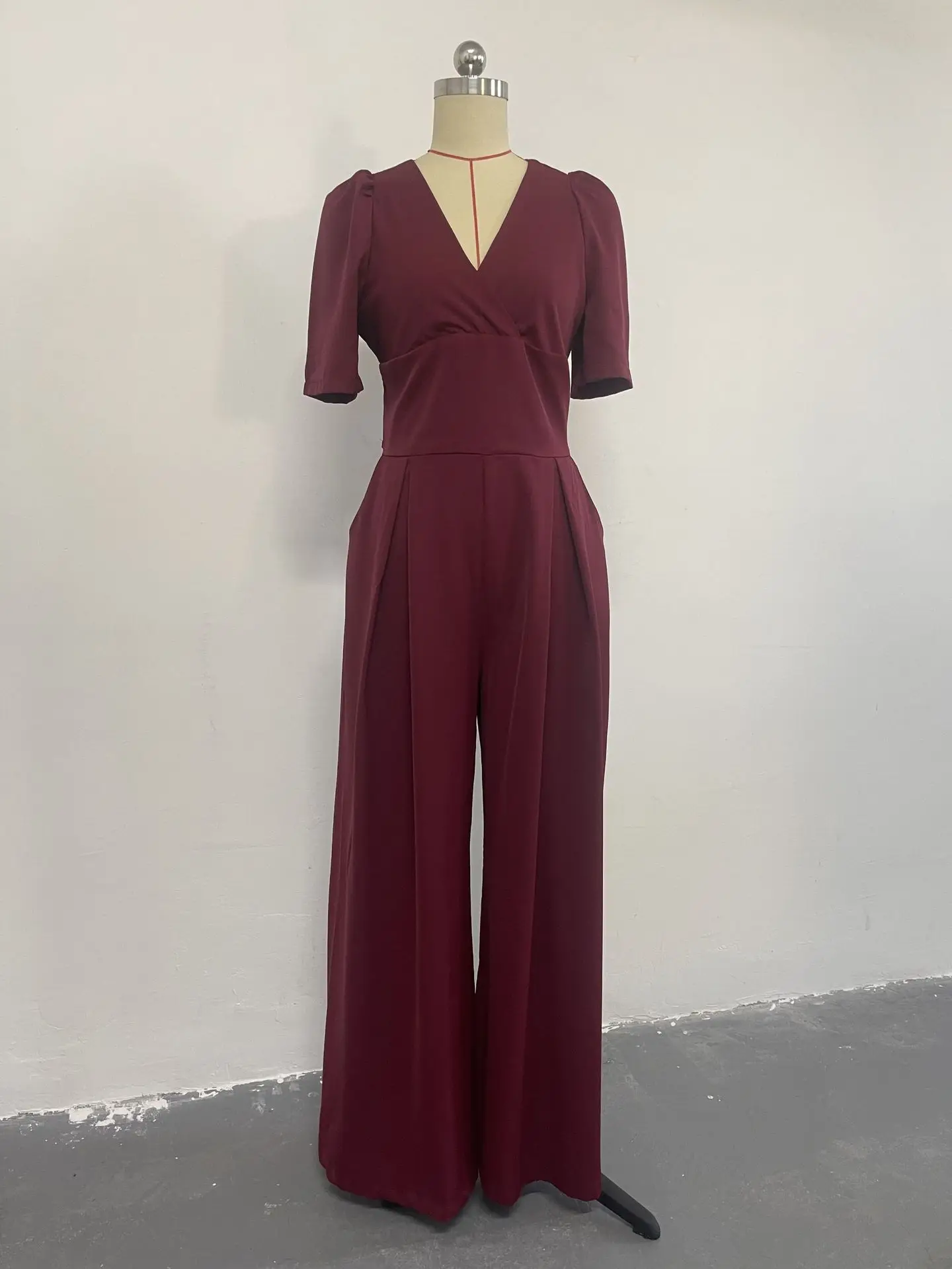 Casual Solid Jumpsuit Women Puff Sleeves Lace Up Long Jumpsuits Summer Sexy V Neck One Pieces Wide Leg Pants Female Overalls