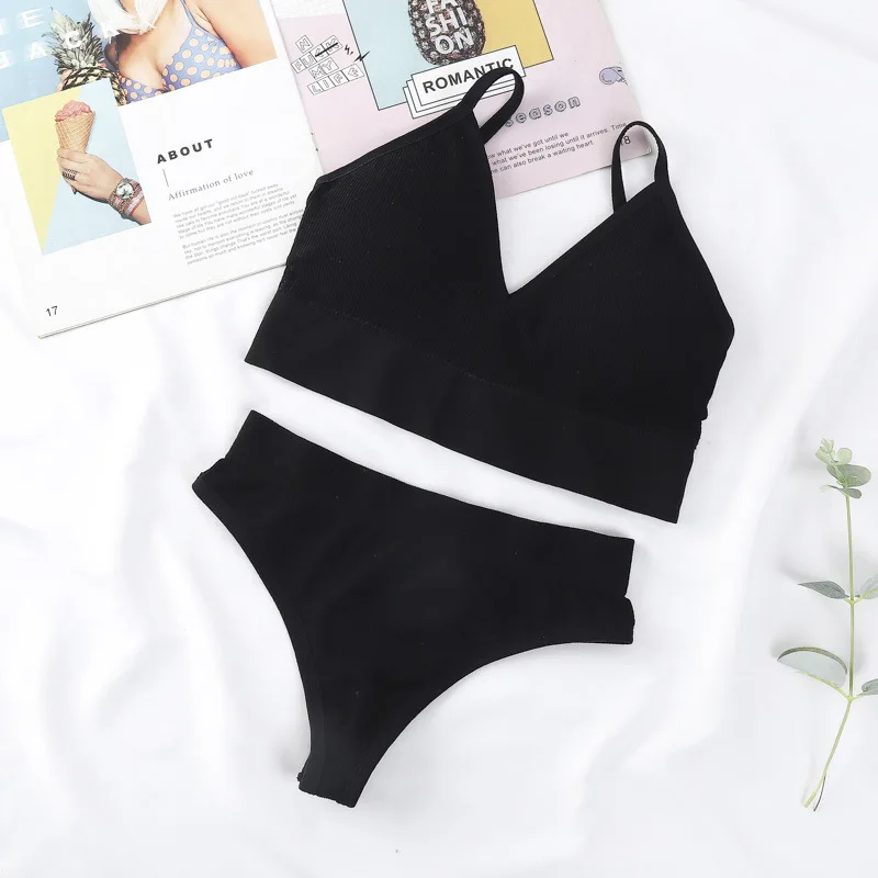 

20Sets Wire Free Gathered Bra Triangle Cup Wrap Chest U Back Beauty Vest Comfortable Panties Sets Female Sports Underwears Set