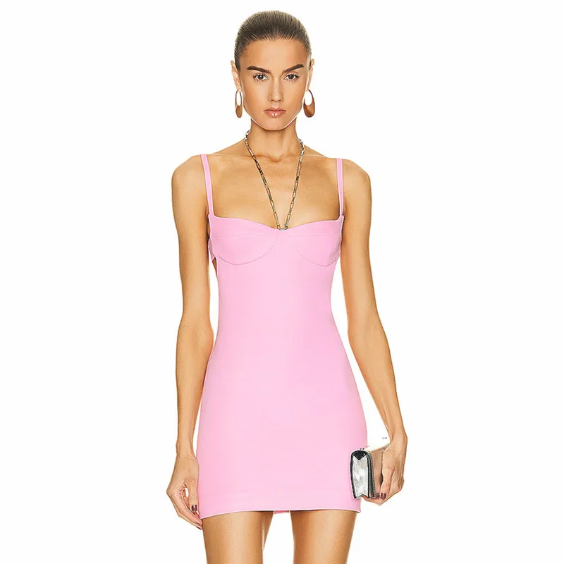 

Sexy Backless Bodycon Mini Bandage Dress Women Spaghetti Strap Chain Fashion Summer Vestidos Sleeveless Party Club Pink Dress