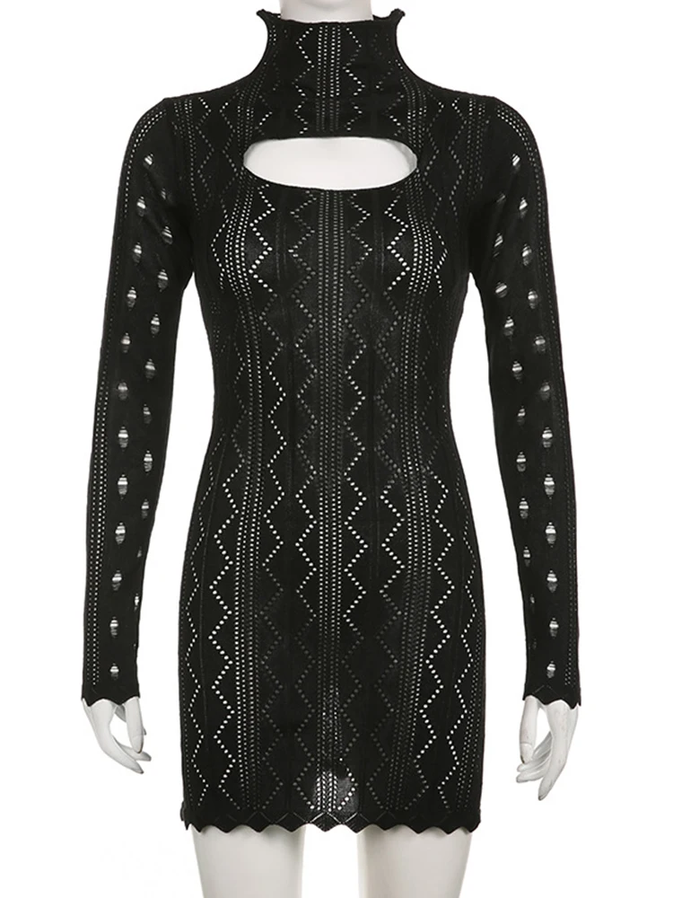 ByeMyLove Knit Dress Knit dresses for women Crochet Dress Tear Long Sleeve Hollow Out High Neck Cut out Turtleneck Knitwear Slim 6