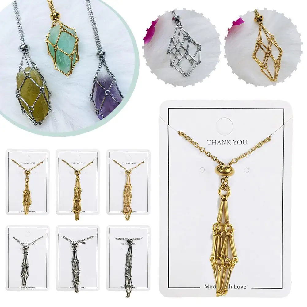 Stainless Steel Design Crystal Cage Necklace Holder Women Men Net Metal Chain Stone Collecting Holder Adjustable Pendant Jewelry