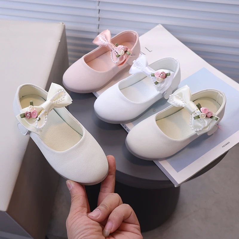 Kids PU Leather Shoes Girls Princess Shoes Baby Girl Simple Flower Bowknot Flats Mary Janes Child Baby Toddlers Baptism