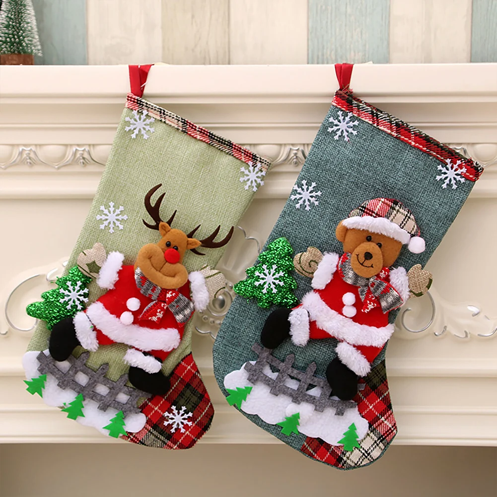 4Pcs Christmas Stockings Set Large Capacity Christmas Ornament Sock Plush Santa Claus/Snowman/Bear/Elk Xmas Party Candy Gift Bag