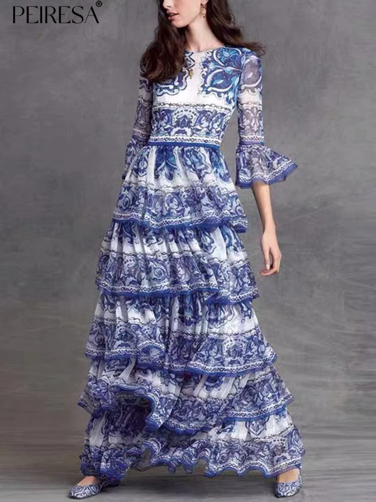 

PEIRESA Fashion Designer Floral Print Women Cake Dresses For Women 2023 Summer O Neck Flare Sleeve Long Dress Vintage Vestidos