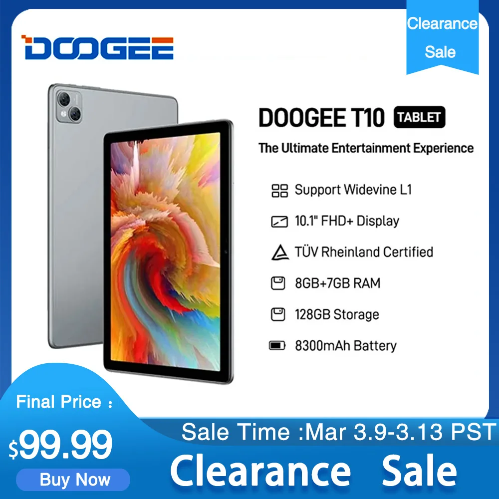 Clearance Sale DOOGEE T10 Tablet 8GB+128GB Octa Core 10.1" FHD+ TÜV Rheinland Certified Display Widevine L1 13MP Camera 8300mAh