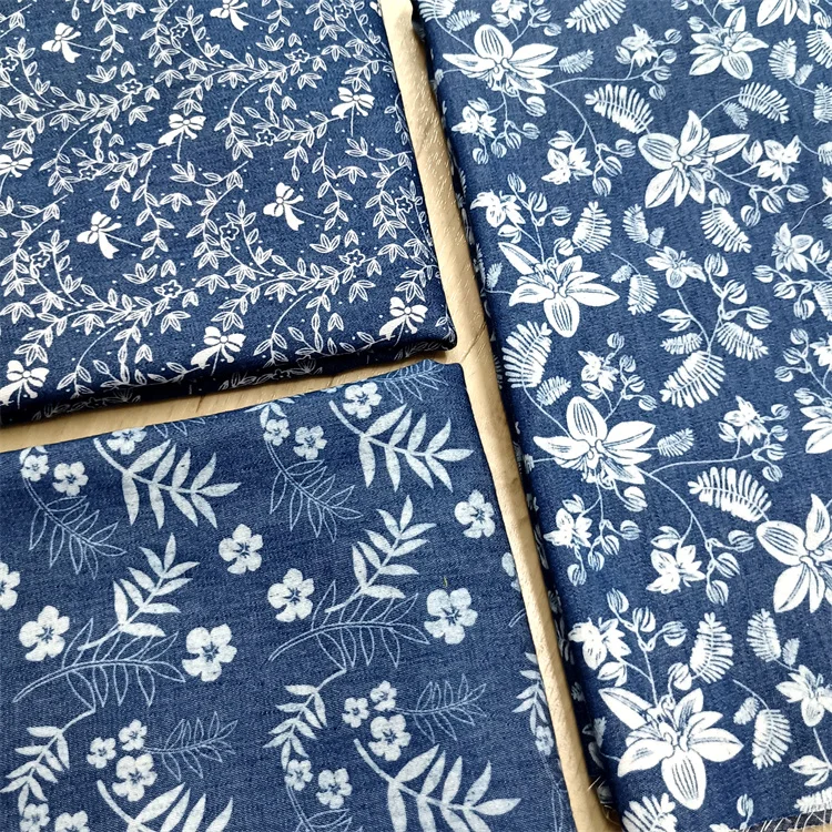 Summer Thin Printed Denim Fabric Blue Small Floral Children's Clothing Apparel Designer Fabric