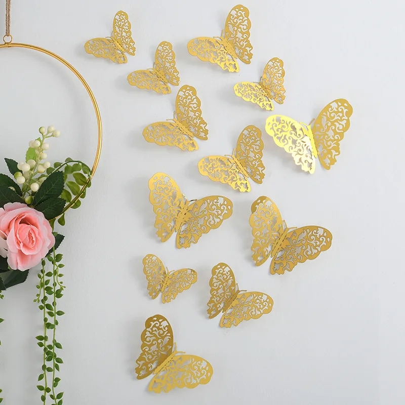NEW 12Pcs 3D Hollow Butterfly Wall Sticker Home Decoration Kids Room Party Wedding Decor Rose Gold Butterfly Fridge DIY Stickers
