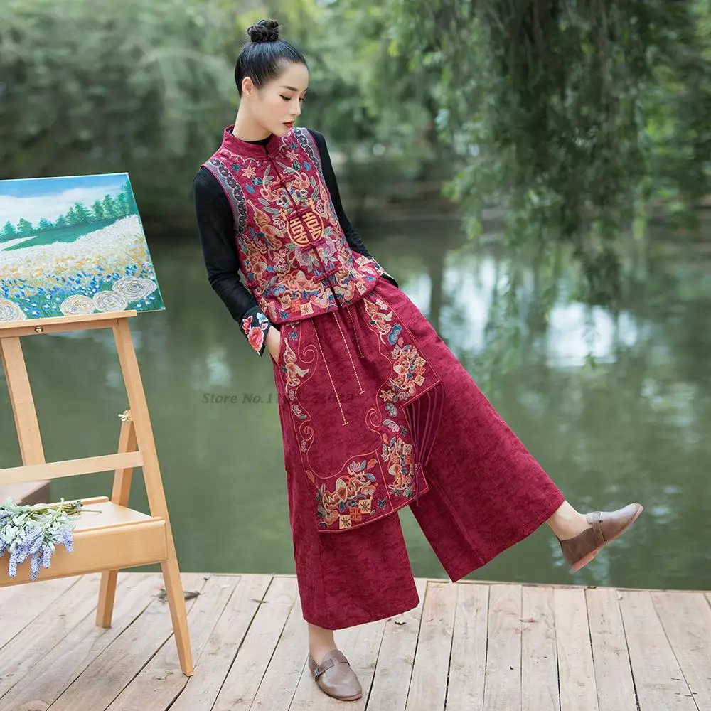 2024 cotton linen tassel flower embroidery ethnic harajuku women retro pants chinese style vintage loose wide leg baggy pants