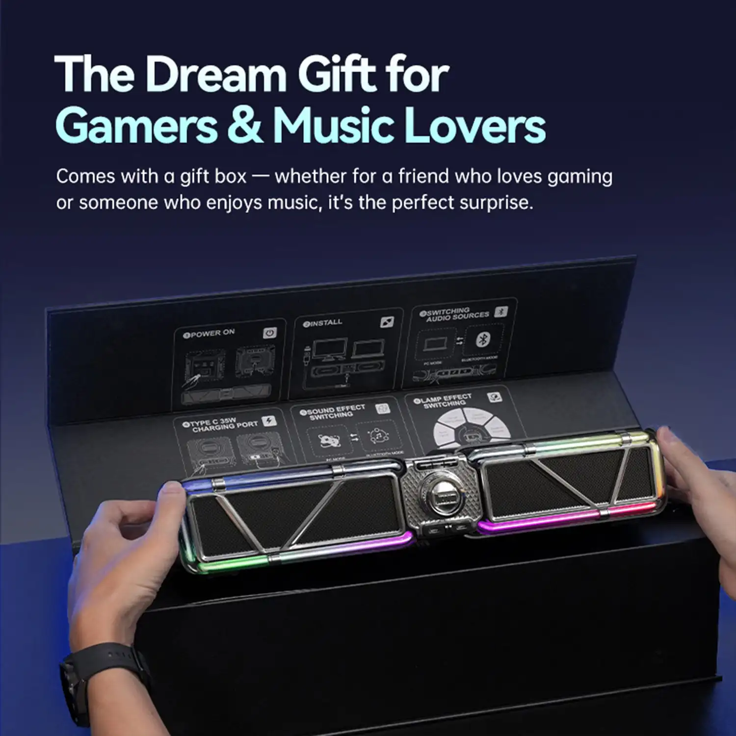 디붐 D-베이스 게이밍 데스크탑 스피커 맞춤형 RGB 조명 효과 24비트 DSP 듀얼 노이즈 캔슬링 마이크