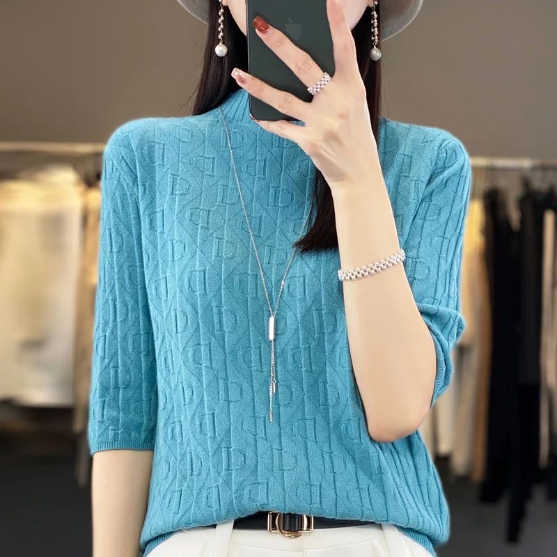 

Spring Summer New Knitted Short-Sleeved Women's Semi-High Neck Five-Point Sleeve Solid Color Printed Loose Casual T-Shirt Top