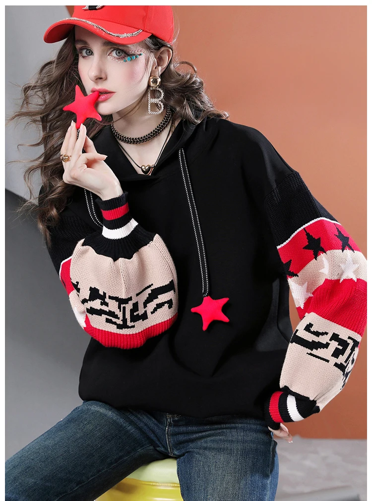 سترة نسائية بغطاء للرأس على شكل نجمة - سويت شيرت كبير الحجم مع رباط |   بلوفر كاجوال