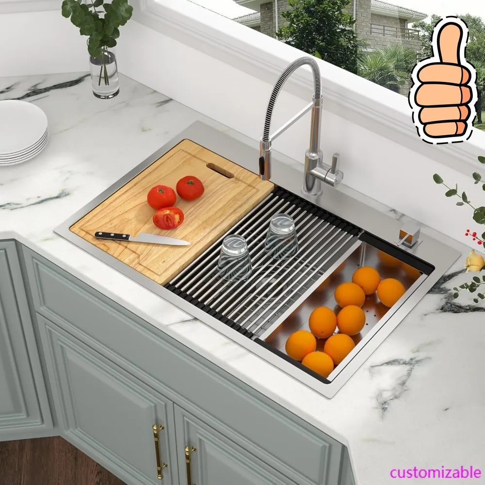 NEW-33 Kitchen Sink Drop In - 33 x 22 Kitchen Sink Ledge Workstation Topmount Drop-In Single Bowl Stainless Steel 16 Gauge Singl