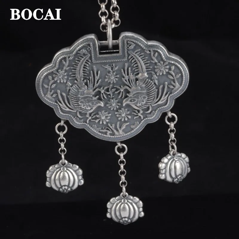 

BOCAI New Real S990 Silver Tassel Antique Ruyi Lock Vintage Made Old Sweater Chain Pendant Double-Sided Pattern National Style