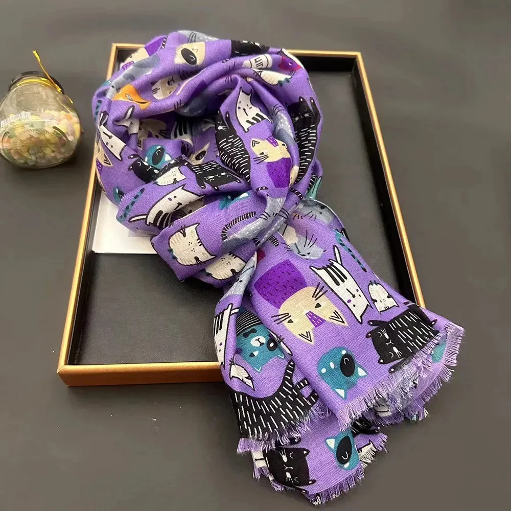 Literary and art aging cat pattern new cotton and hemp scarf female air conditioning shawl dual purpose long autumn and winter w
