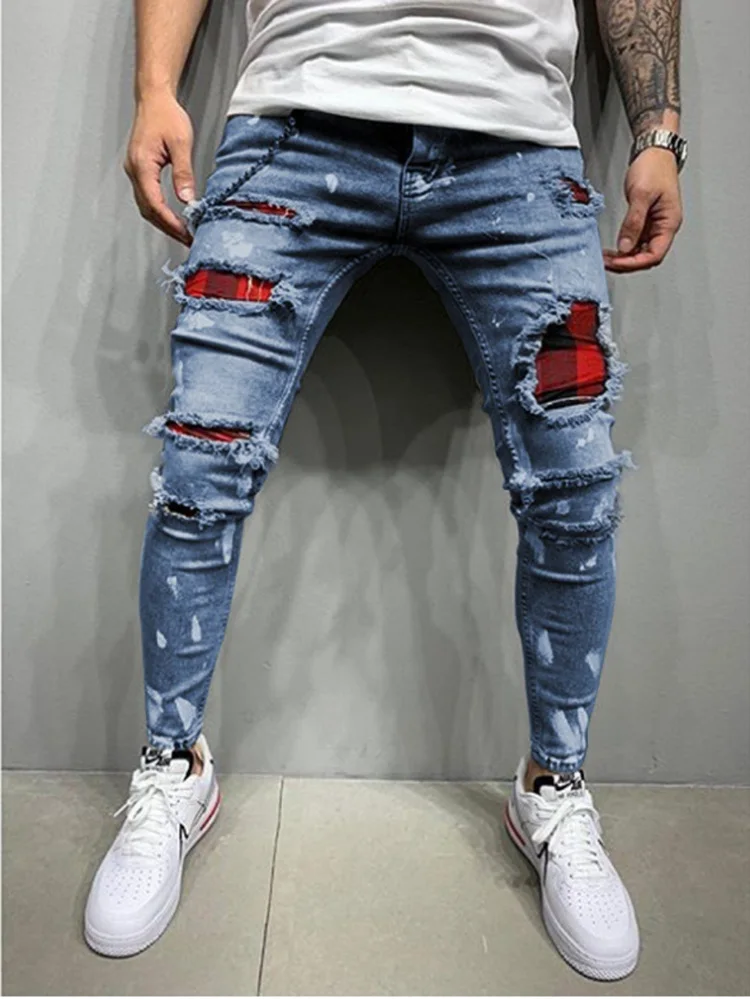 High Quality Fashion Men Painted Stretch Skinny Jeans Slim Fit Ripped Distressed Pleated Knee Patch Casual Men's Brand Clothing 3