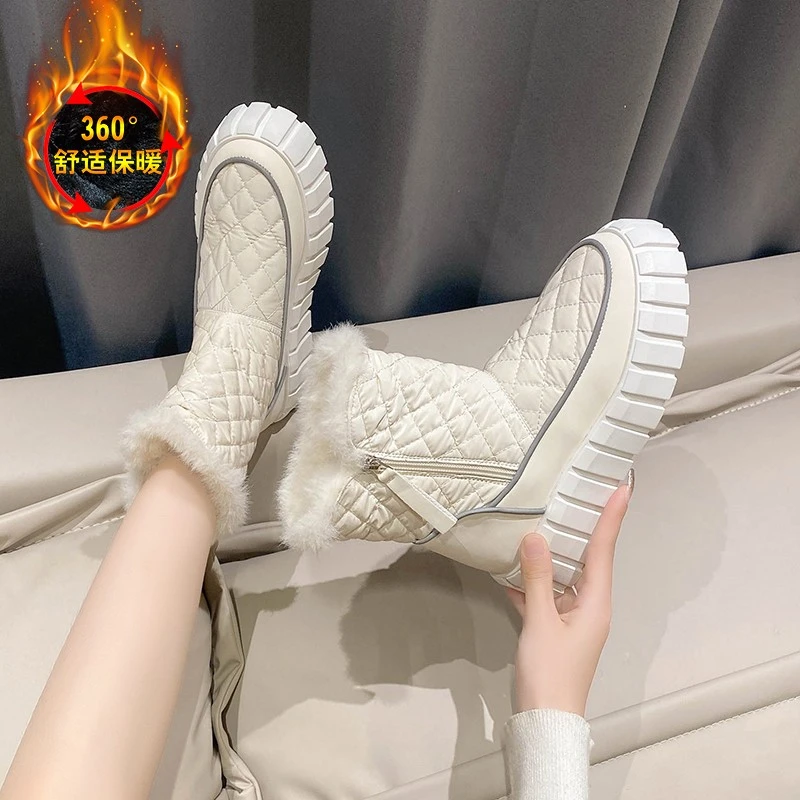 Round Toe Lady Boots  Shoes Winter Footwear Boots-Women Australia Low Lolita 2024 Rubber Autumn Snow Flock Rome Lace-Up Cotton