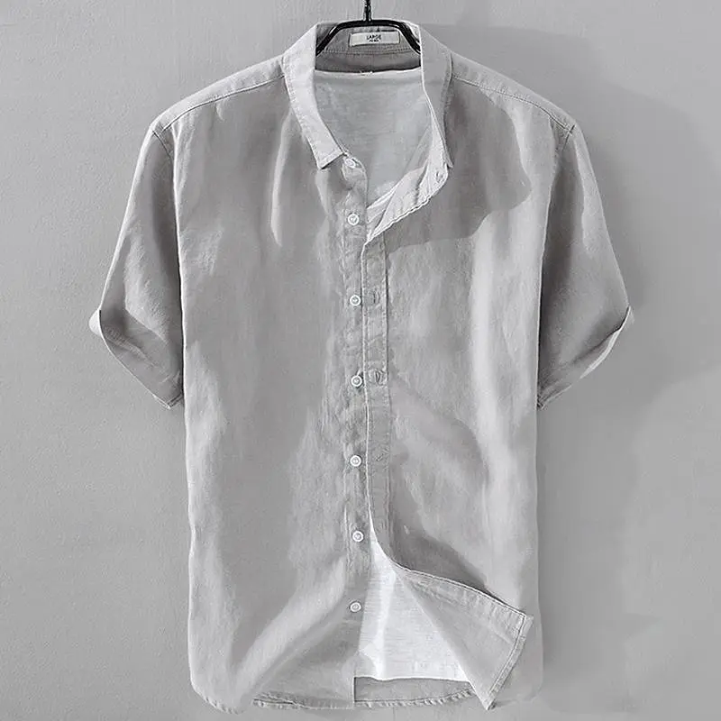 Summer Henry V Neck Button Down Shirt Soft and Comfortable Men's Casual Hawaiian Shirt Solid Color White Black 4
