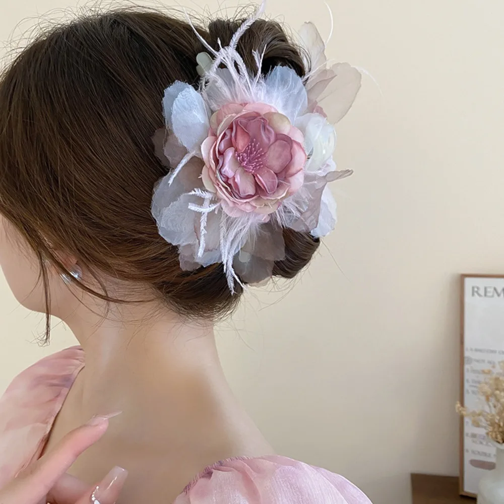 Women Pink Cloth Flower Feather Hair Claw Sweet Hair Ornament Beach Large Flower Hair Crab Clip Headdress Hair Accessories